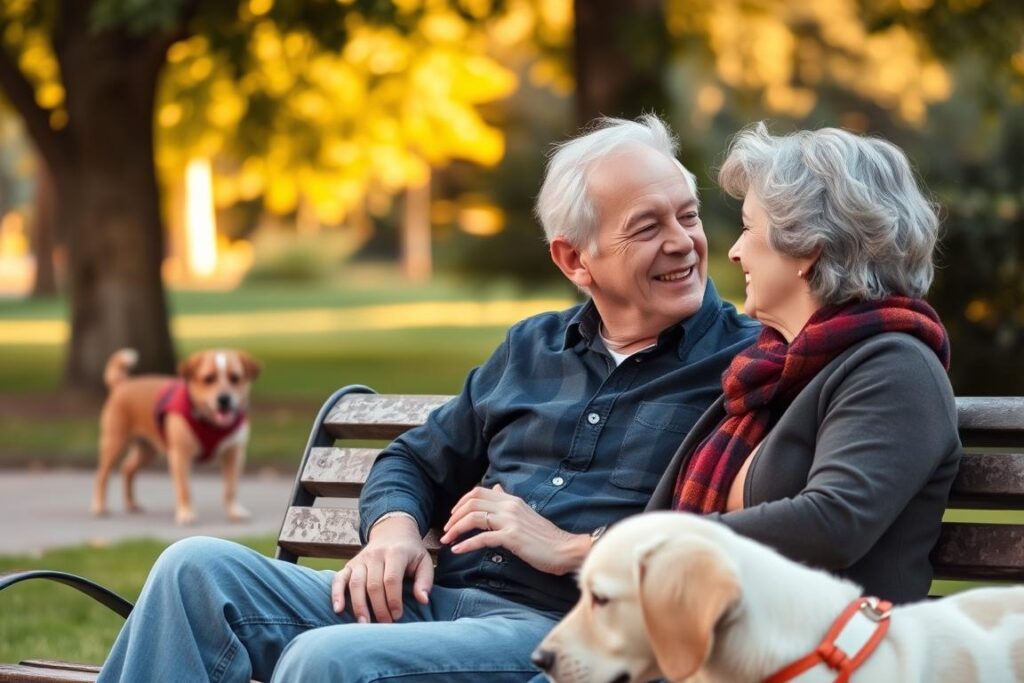 A mature couple sitting together on a park bench, surrounded by lush greenery and a warm, golden afternoon light. The man gently holds the woman's hand as they gaze into each other's eyes, their faces radiating a renewed sense of affection and intimacy. In the background, a dog plays playfully, adding a touch of whimsy to the serene scene. The image is captured with a soft, dreamlike quality, conveying the romance and joy of rediscovering love in the later stages of life. Unitenis Alberti