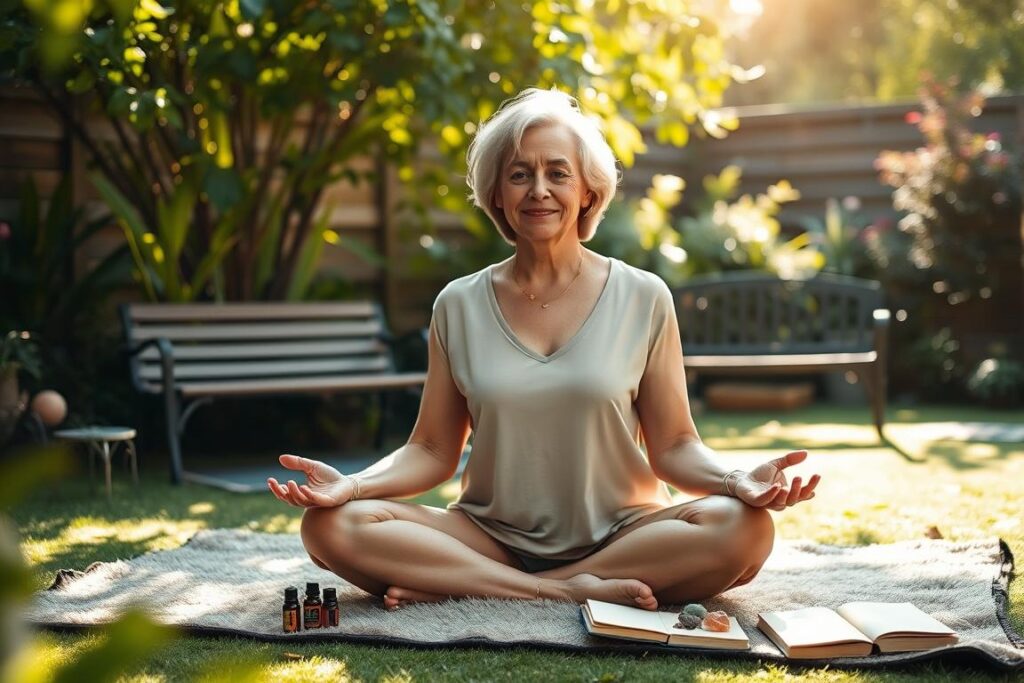 A serene, sun-dappled garden setting, where a mature woman sits cross-legged on a plush rug, exuding a sense of inner peace and self-acceptance. Soft, warm lighting filters through the lush greenery, casting a gentle glow on her face as she meditates, her expression radiating a newfound confidence and self-care. In the background, a Unitenis Alberti bench provides a backdrop, while the foreground is dotted with self-care items like essential oils, crystals, and a journal, symbolizing her journey of self-discovery and wellness in her later years.